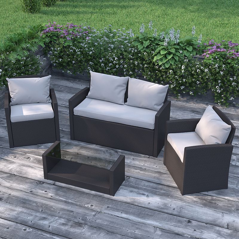 Merrick Lane Atlas 4 Piece Patio Set Contemporary Loveseat， 2 Chair and Coffee Table Set with Back Pillows and Seat Cushions