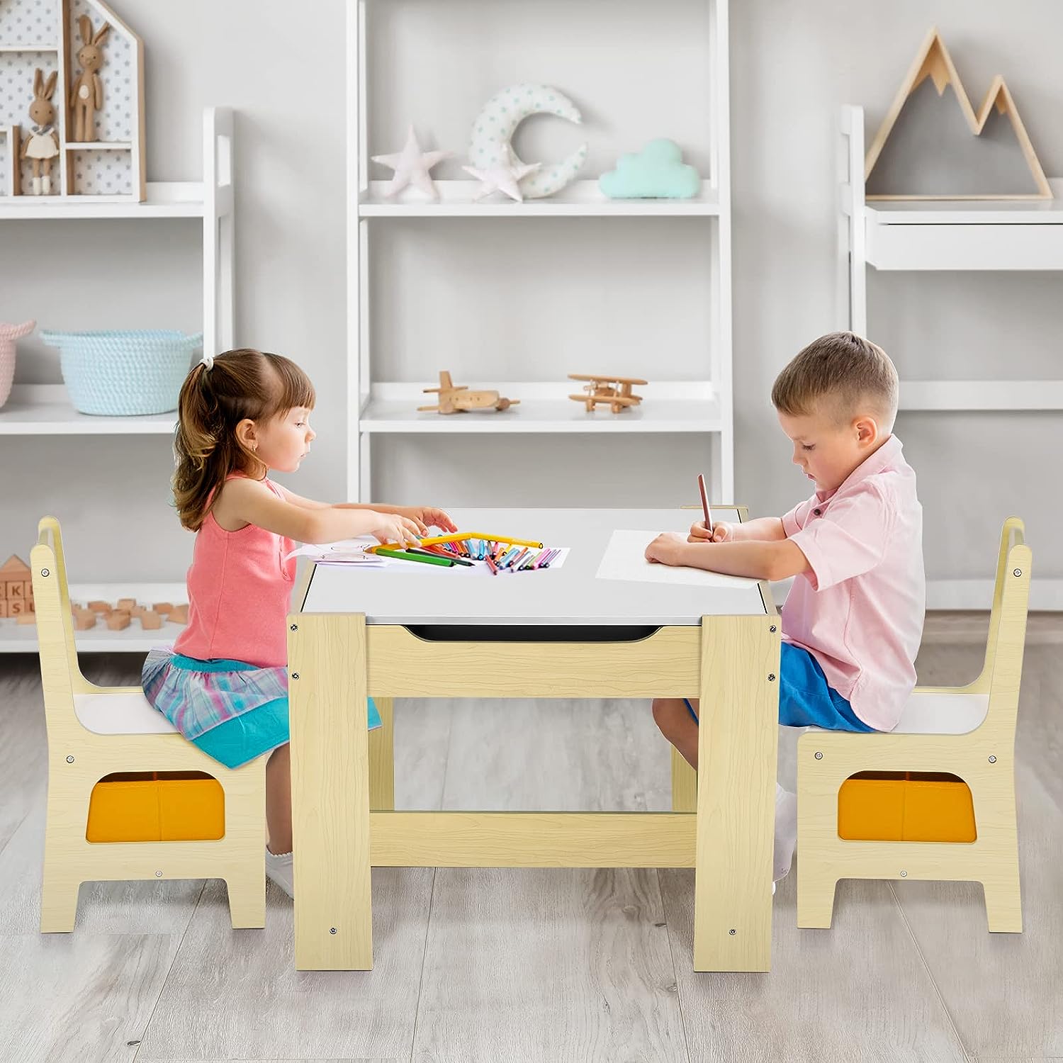 Kids Table and Chairs Set with Storage Drawers, Drawing Black Board Desk