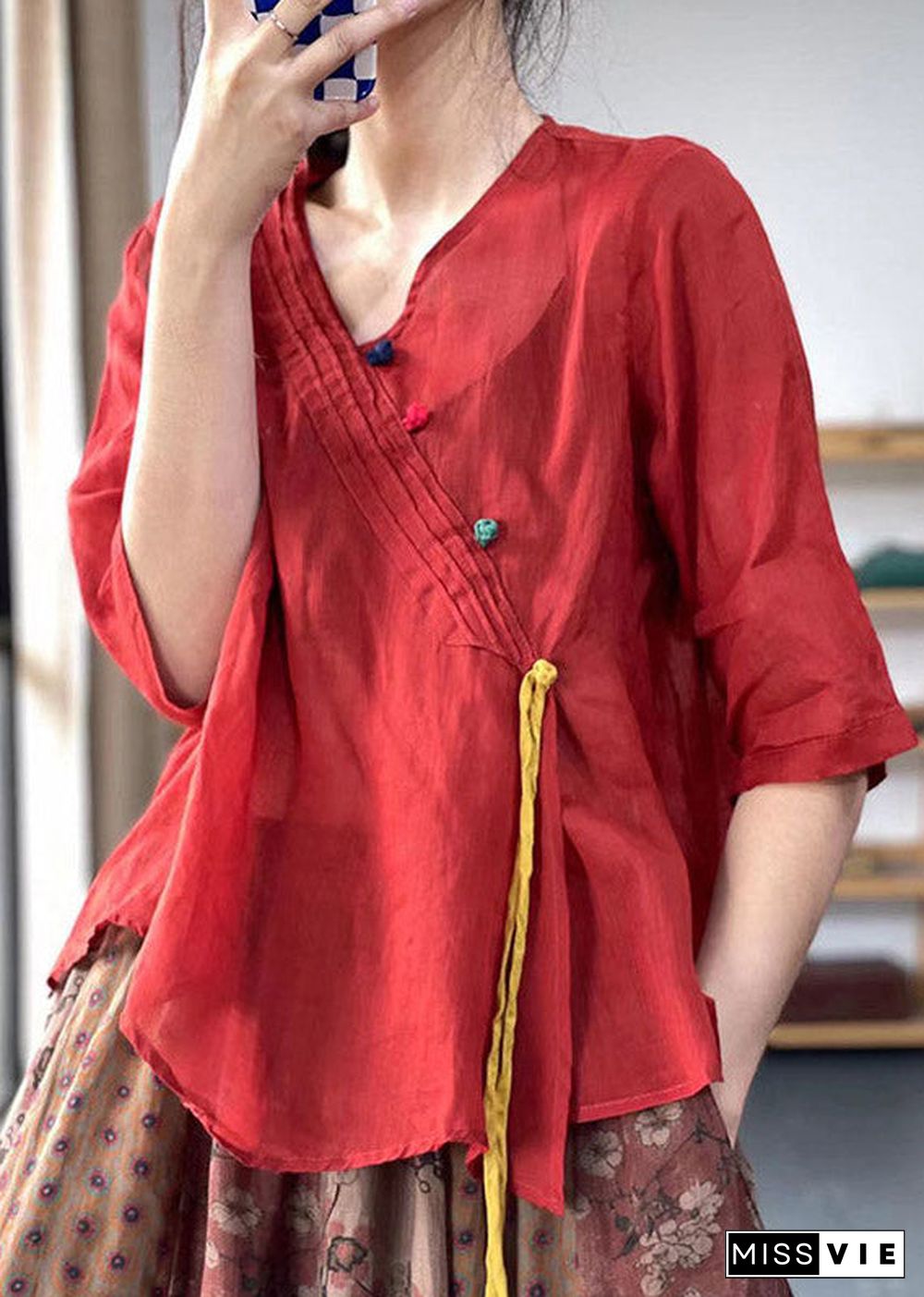 Simple Red V Neck Button Linen Shirt Half Sleeve