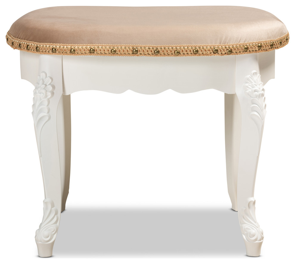 Giselle French Inspired Velvet Fabric Wooden Ottoman  White   Victorian   Footstools And Ottomans   by Urban Designs  Casa Cortes  Houzz