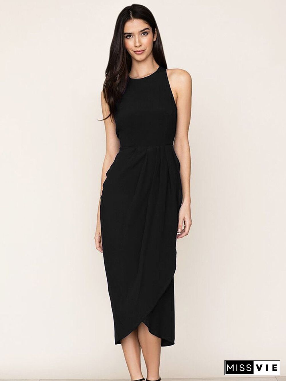 Black So Social Round Neck Sleeveless Irregular Hem Midi Dress