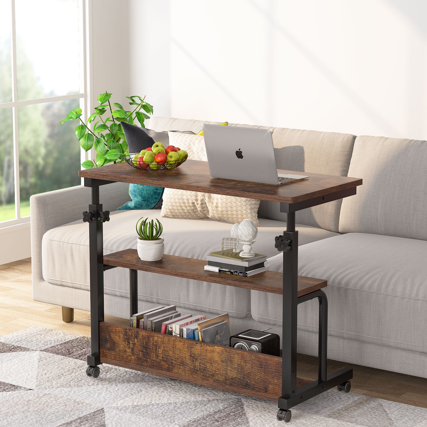 Height Adjustable C Table with Wheels， Mobile Bedside Sofa Couch Side Table for Laptop