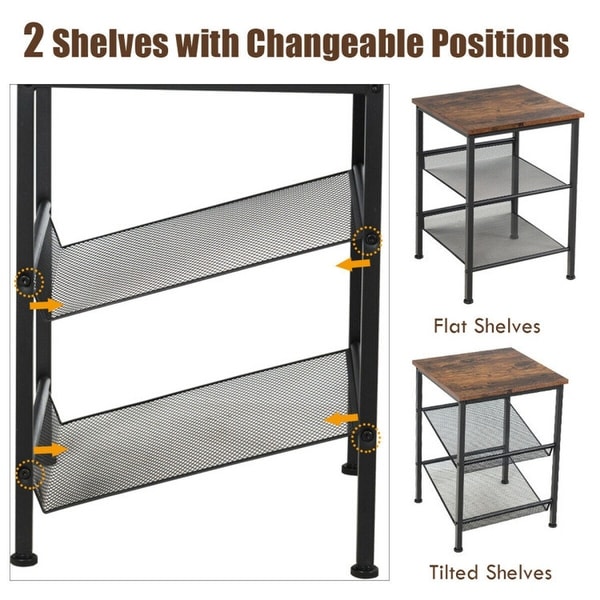 3 Tier Industrial End Table with Mesh Shelves and Adjustable Shelves