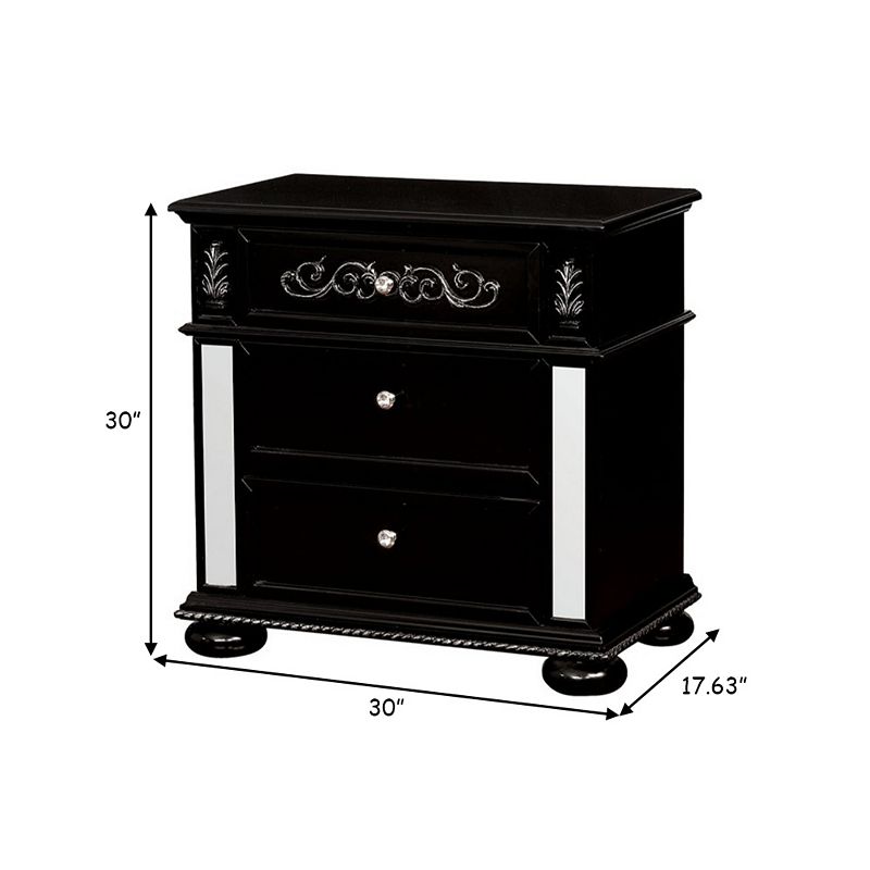 Three Drawer Solid Wood Nightstand with Crystal Knobs and Bun Feet， Black