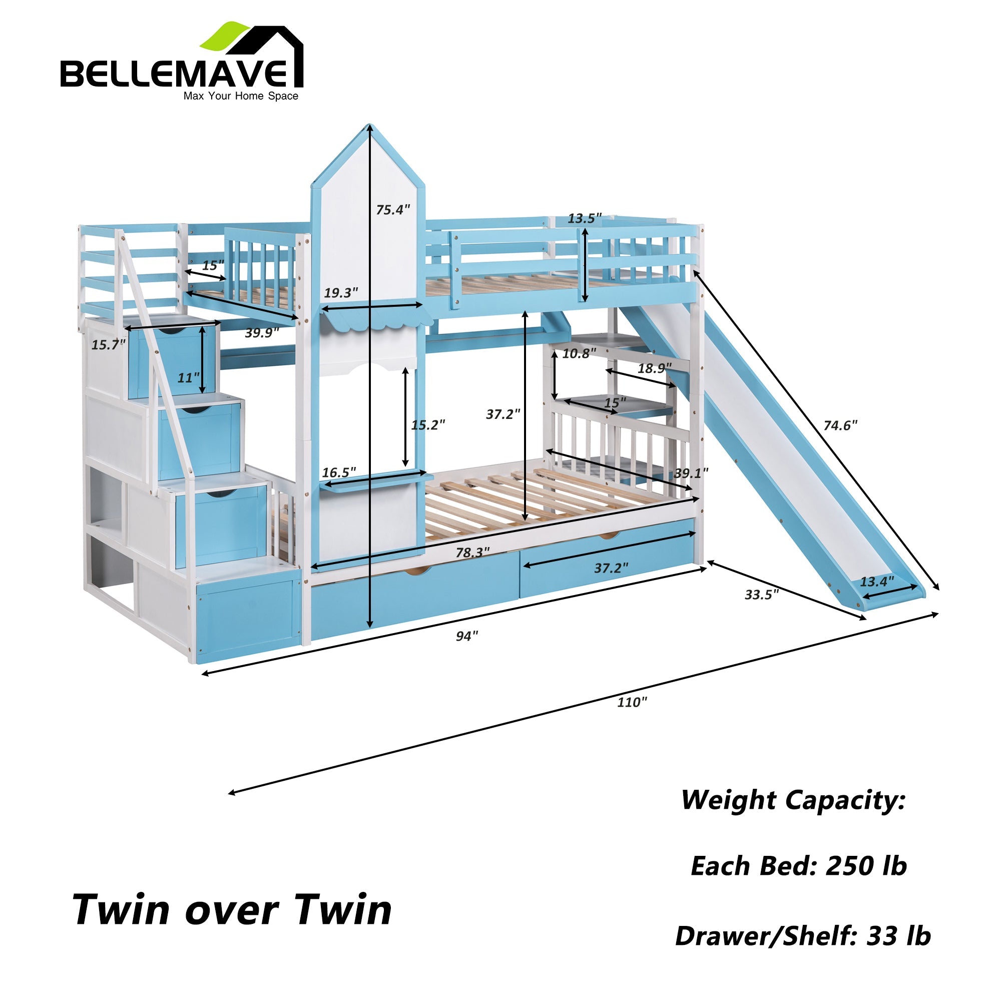 BELLEMAVE Kids Castle Bunk Bed with Storage Drawers, Shelf, Slide and Safety Guardrail, Twin over Twin Bunk Bed with Stairs, Castle Bunk Bed/Playhouse Bed for Girls, Boys, Kids(Blue)