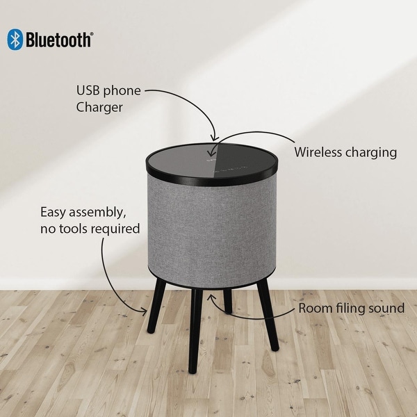 Round Bluetooth Speaker Table with Wireless Charging， Gray and Black