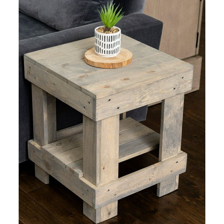 Pine Wood Farmhouse Living Room End Table with Storage Shelf