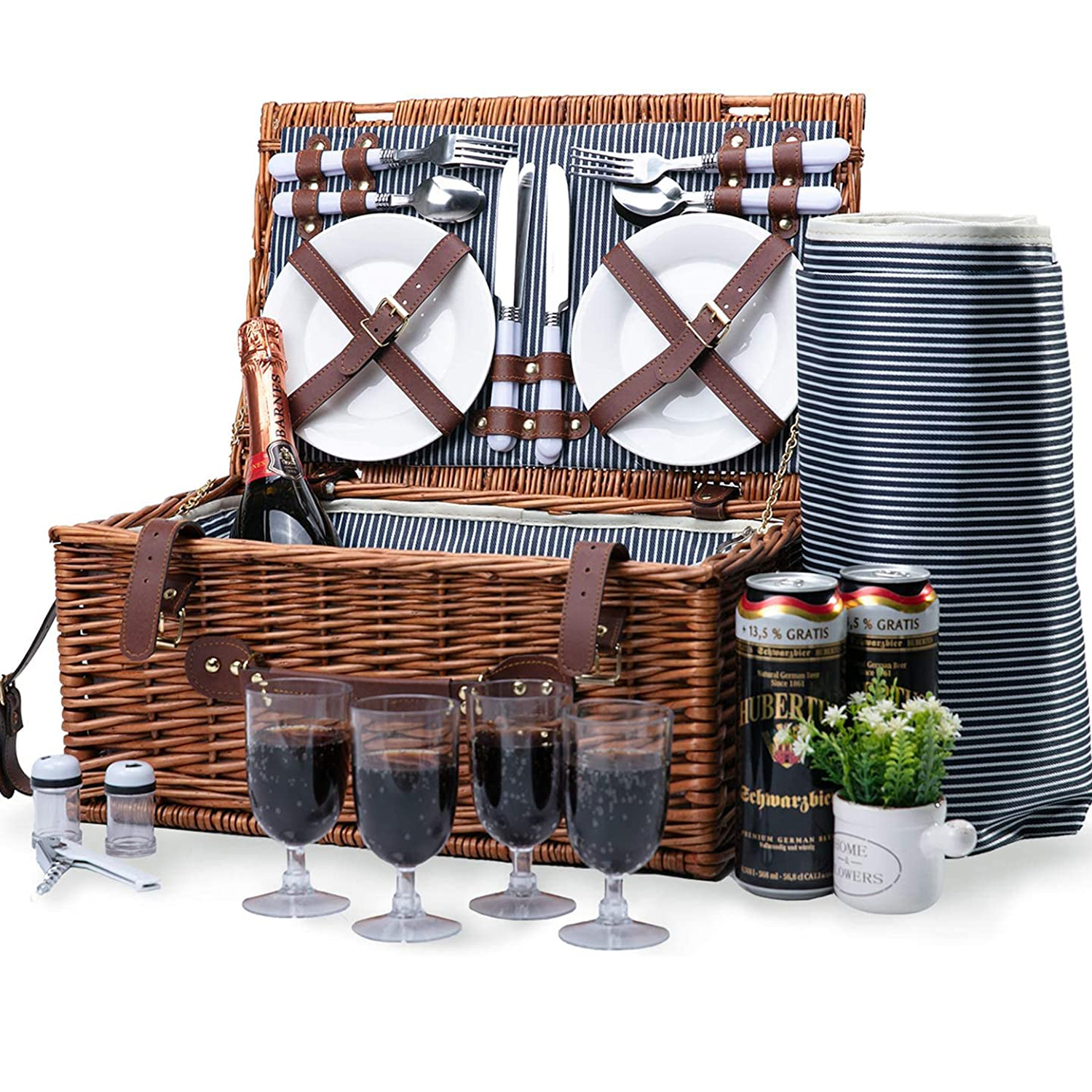 Ealing Large Wicker Picnic Basket Set for 4 with Insulated Cooler Compartment andWaterproof Blanket ，Cutlery Service Kit， Retro Classic Willow Hamper Set Picnic Basket for Camping Outdoor  (Brown）