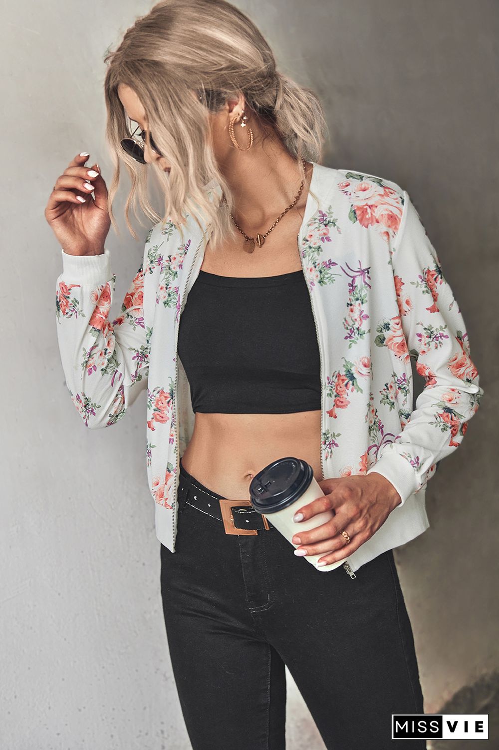 Front Open Zipper Floral Print Jackets