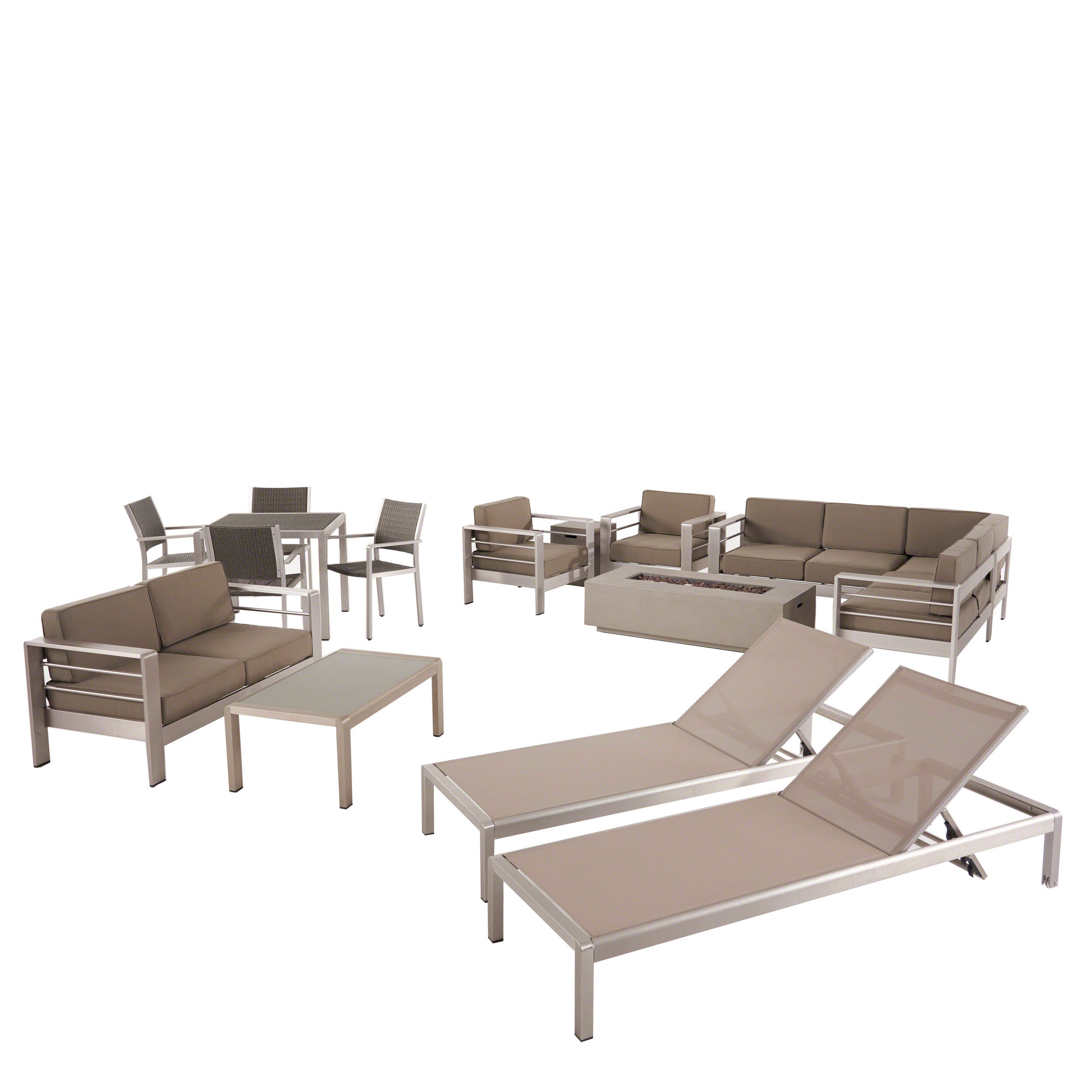 Cherie Outdoor 16 Piece Aluminum Estate Collection with Cushions and Fire Pit