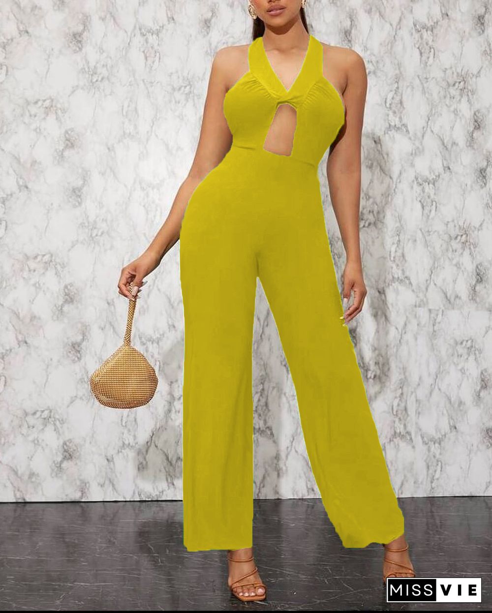 Halter Tie Up Cut Out Backless Wide Leg Jumpsuit