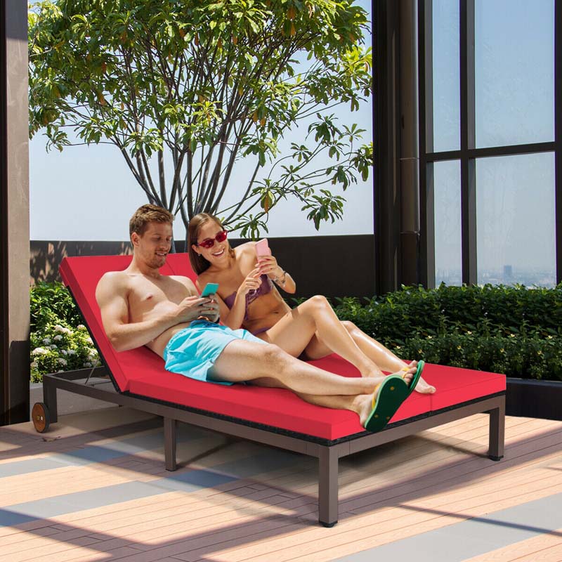 2-Person Rattan Patio Daybed Double Outdoor Chaise Lounge Chair with Adjustable Backrest, Wheels & Cushion