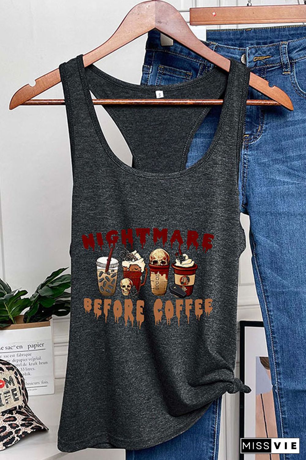 Nightmare Before Coffee Halloween Vibes O-neck Sleeveless Tank Top Wholesale