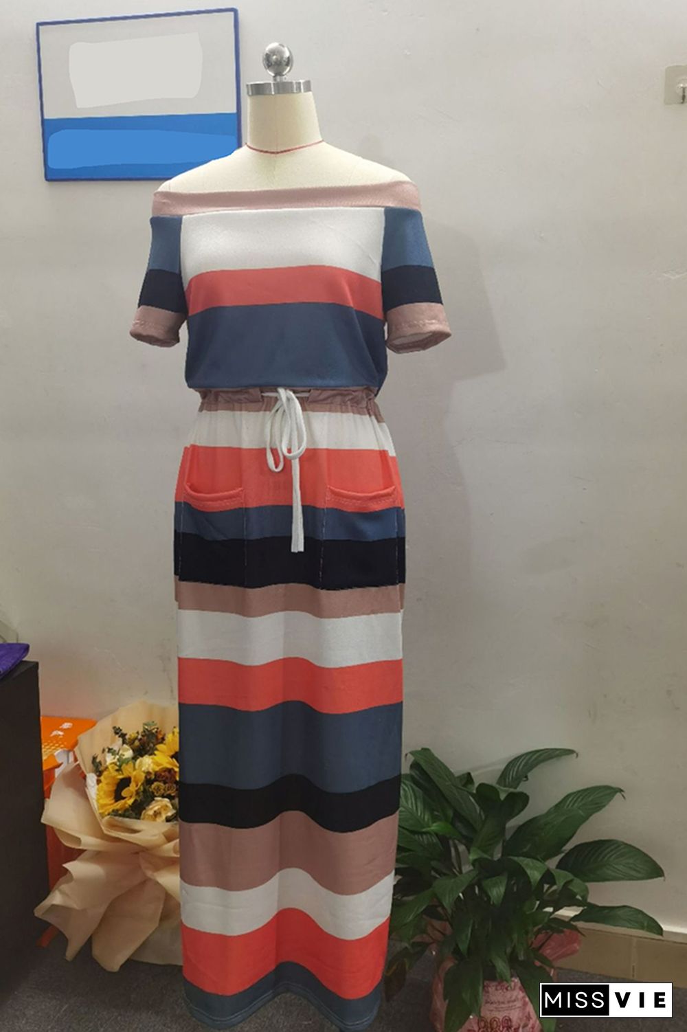 Colorful Stripe Drawstring Off-shoulder Short Sleeve Dress Women Wholesale