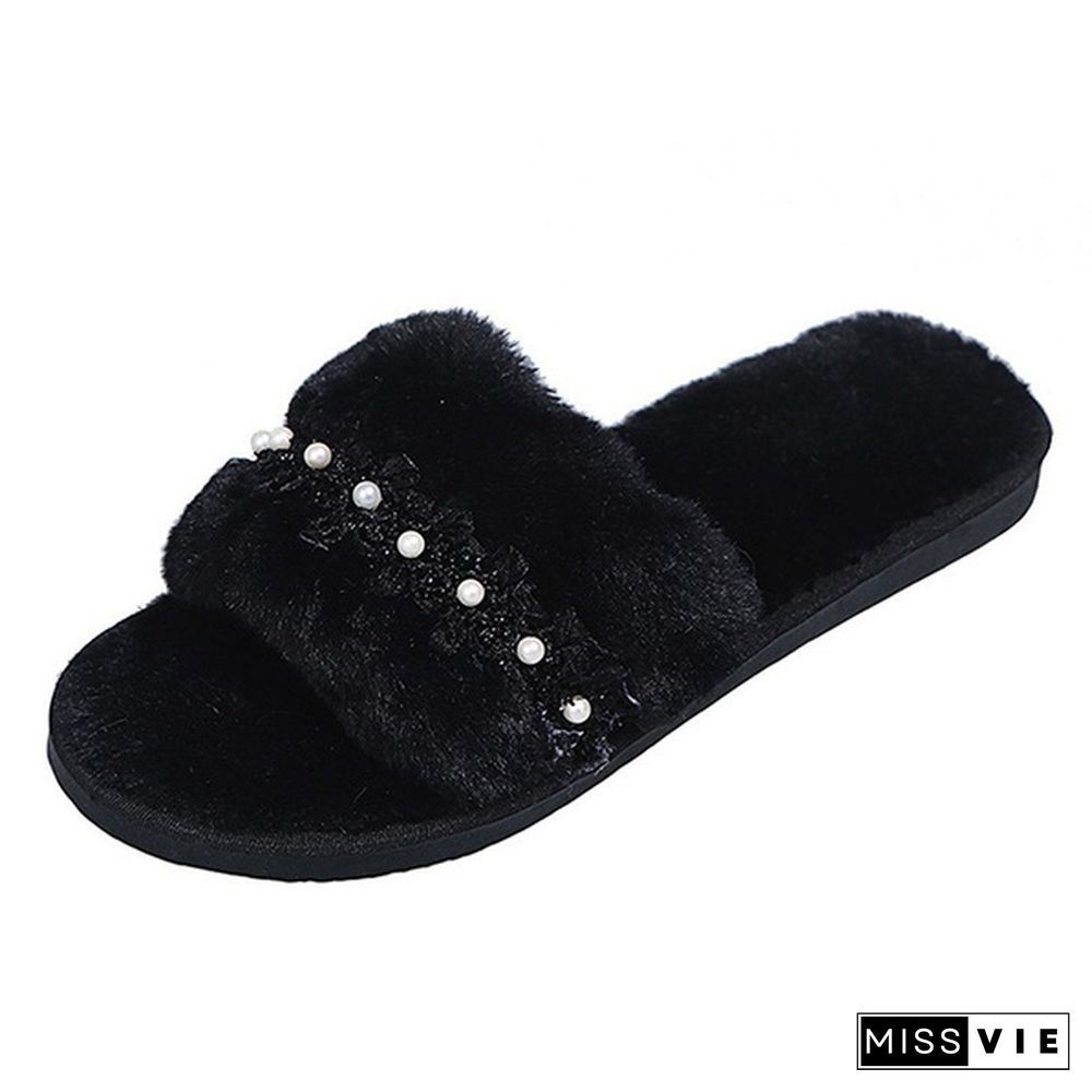 Autumn And Winter Home Furry Pearl Chain Slippers Fashion Flat Women's Cotton Slippers Open-Toe