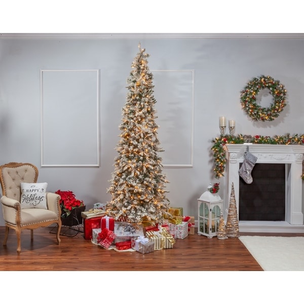 9' Prelit Narrow Flocked Pencil Pine Artificial Christmas Tree