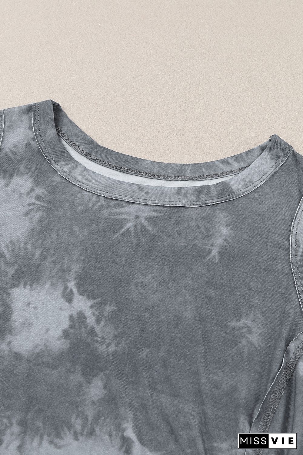 Gray Tie Dye Print Seamed Crew Neck Tank Top