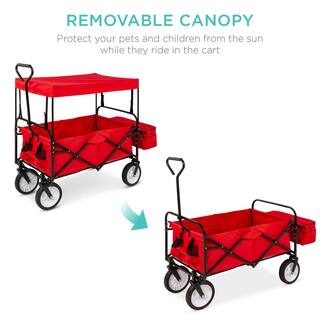 Best Choice Products 24 in. x 39 in. Utility Cargo Wagon Foldable Cart wRemovable Canopy Cup Holders in Red SKY1882