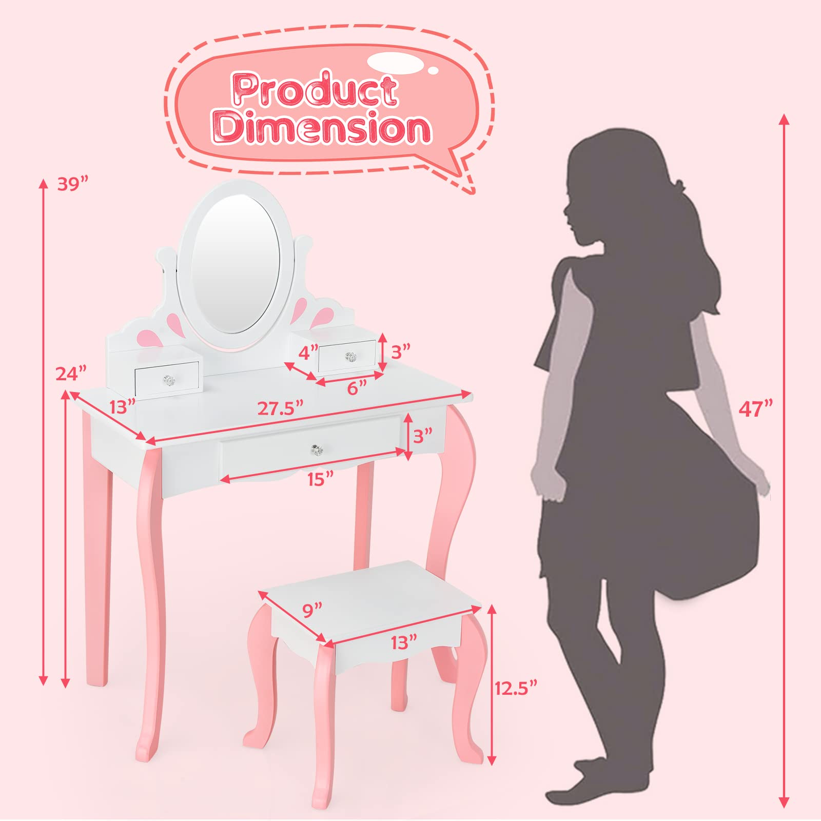 Costzon Kids Vanity Set with Mirror, 2 in 1 Princess Makeup Dressing Table w/ Detachable Top