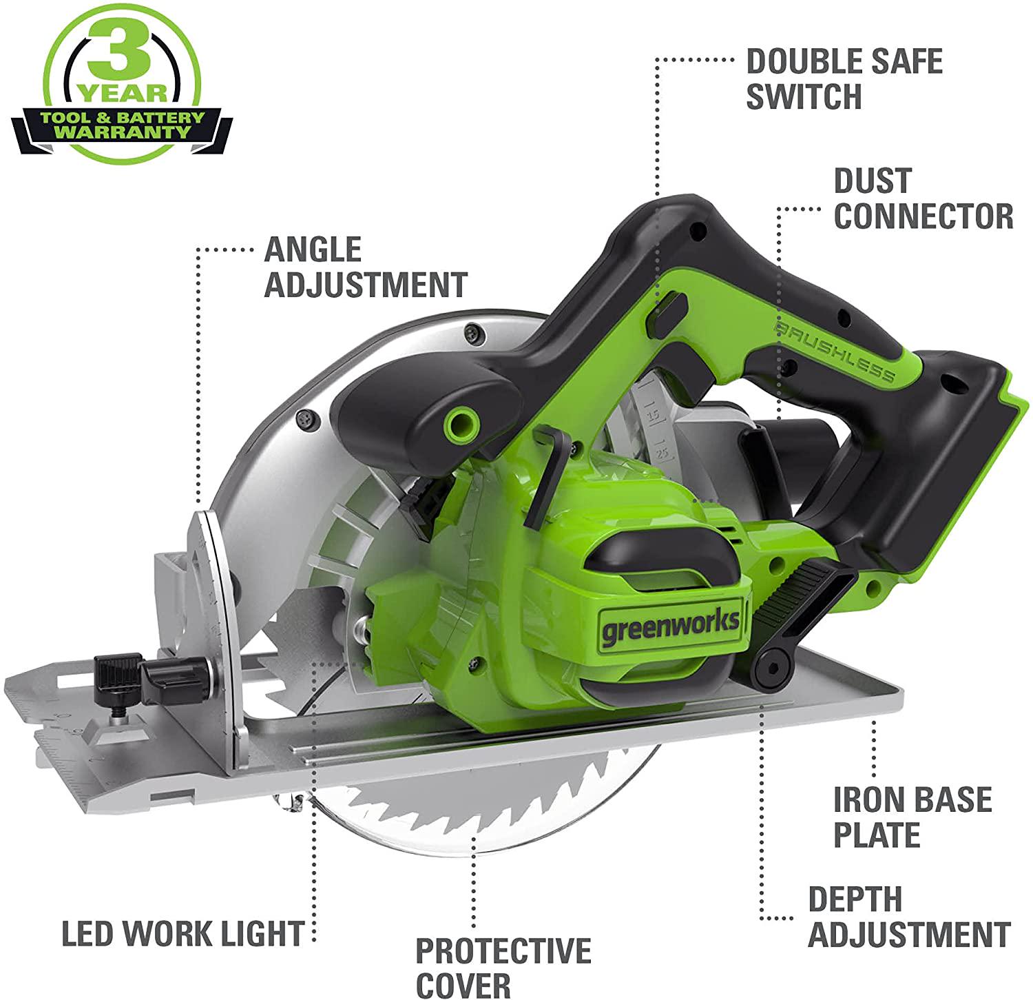 Greenworks 24V 7-1/4-inch Brushless Circular Saw， Battery Not Included， 1501202AZ