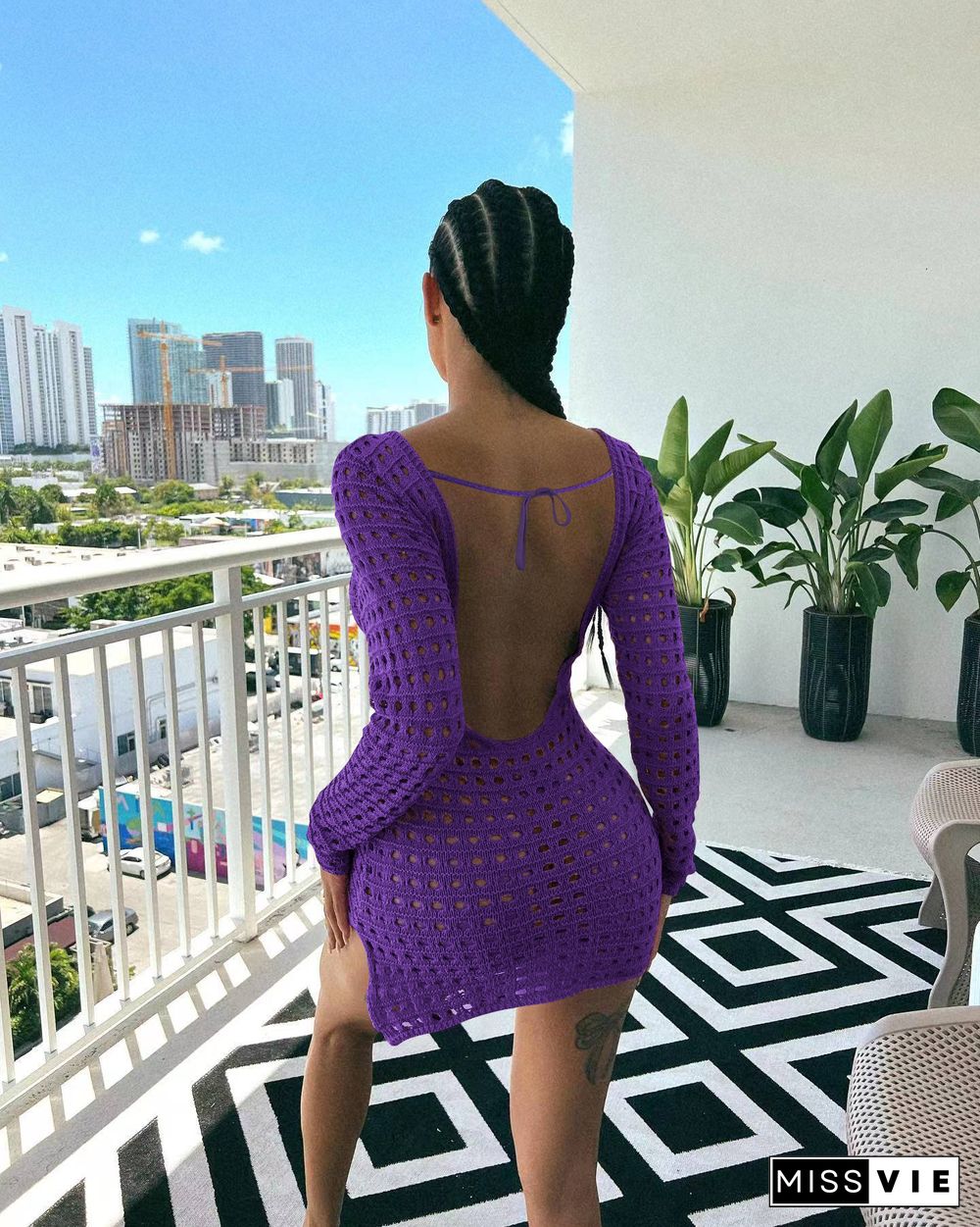 Hollow Out Backless Long Sleeve Sexy Short Dresses