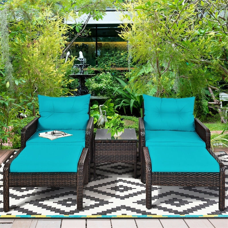 5 Pcs Rattan Patio Conversation Sets with Ottomans & Coffee Table, Wicker Outdoor Bistro Set