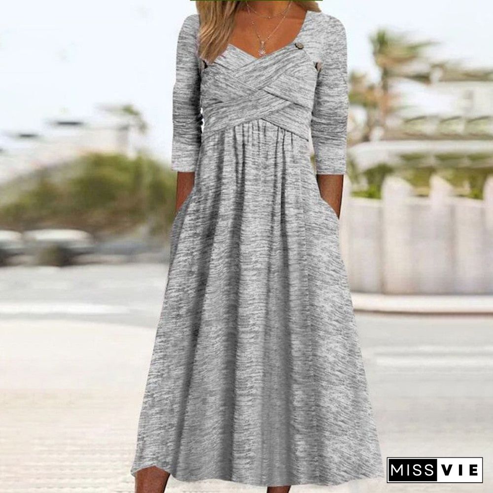 Grey V-Neck Long Sleeve Plain Midi Dress