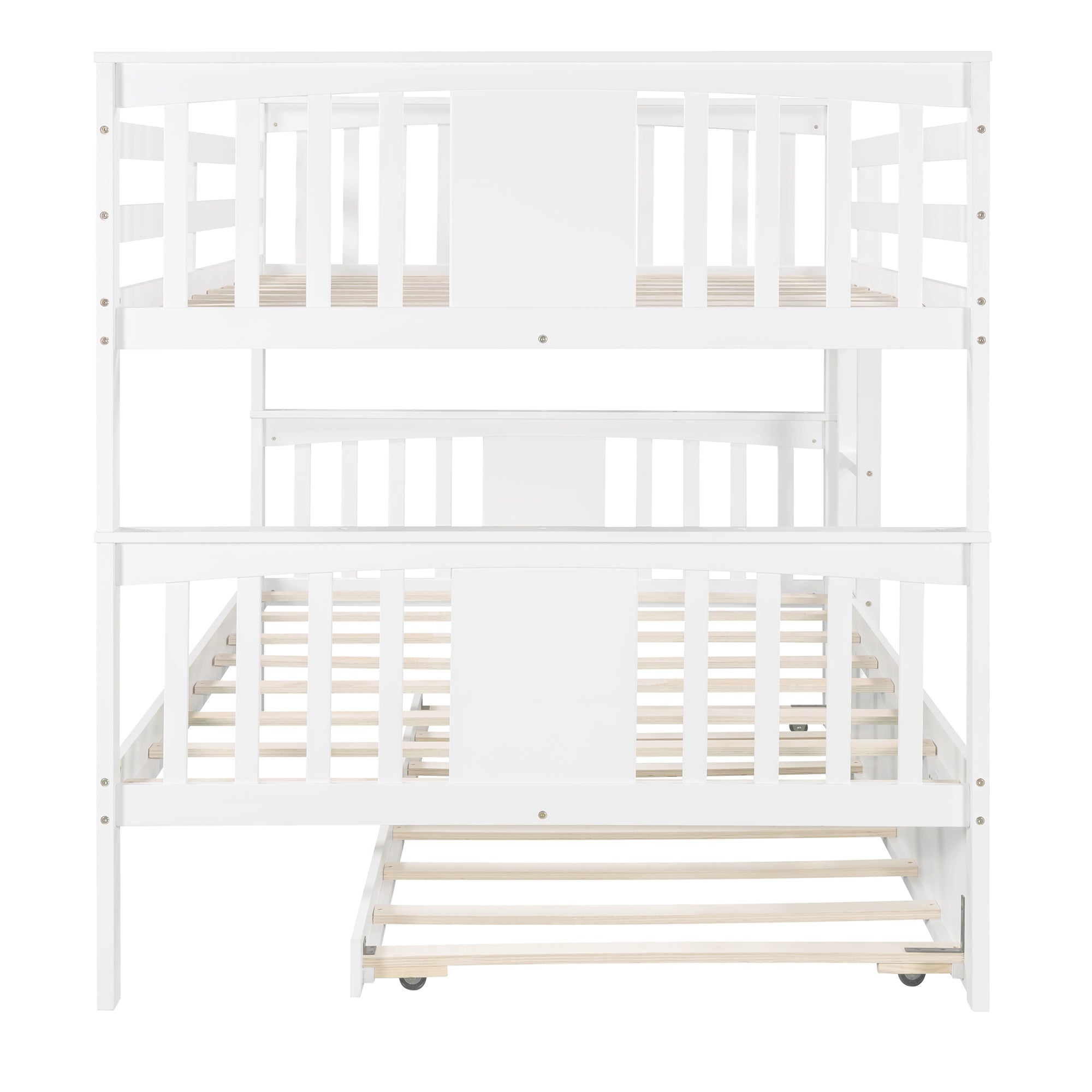 Full Over Full Bunk Bed with Twin Trundle Wood Bunk Bed Frame with Guard Rails and Ladder for Kids Boys Girls Teens Adults, Can be Convertible to 2 Beds,White