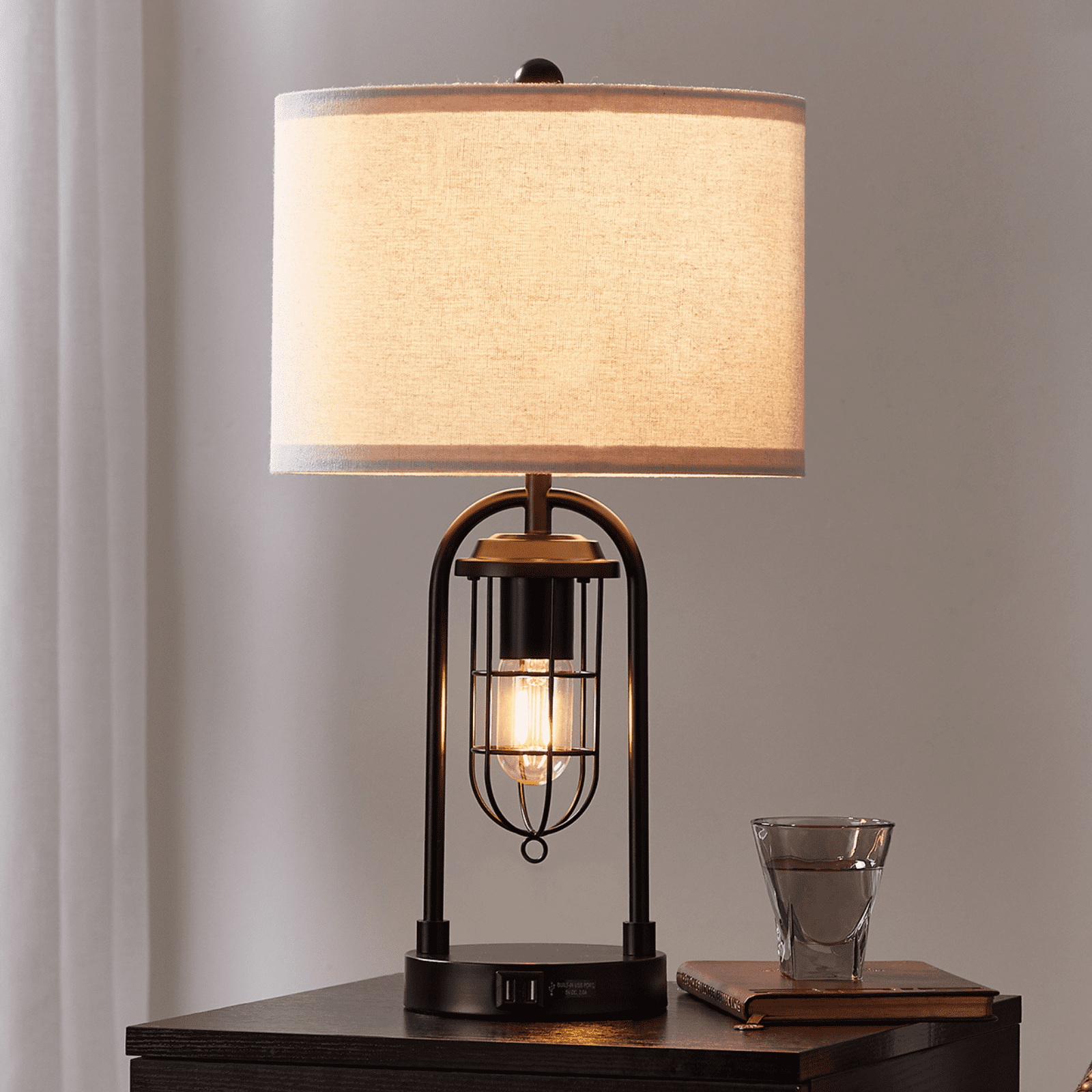 KYRID 21’’ Table Lamps Set of 2 with USB Port and Night Light, Modern Farmhouse Side Table Lamp with White Drum Shade, Painted Bronze Finish (Bulbs Included)