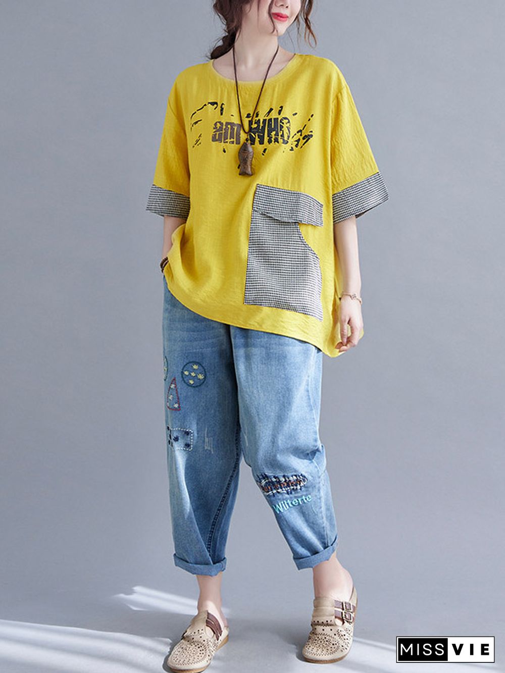 Original Letter Print Split-Joint Round-Neck T-Shirts Tops