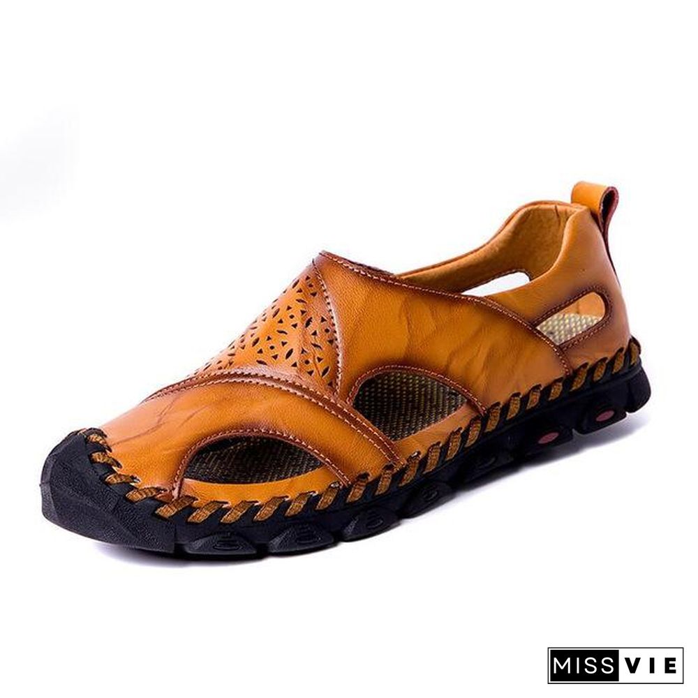 Men Breathable Genuine Leather Sandals Plus Size Casual Beach Flats Shoes