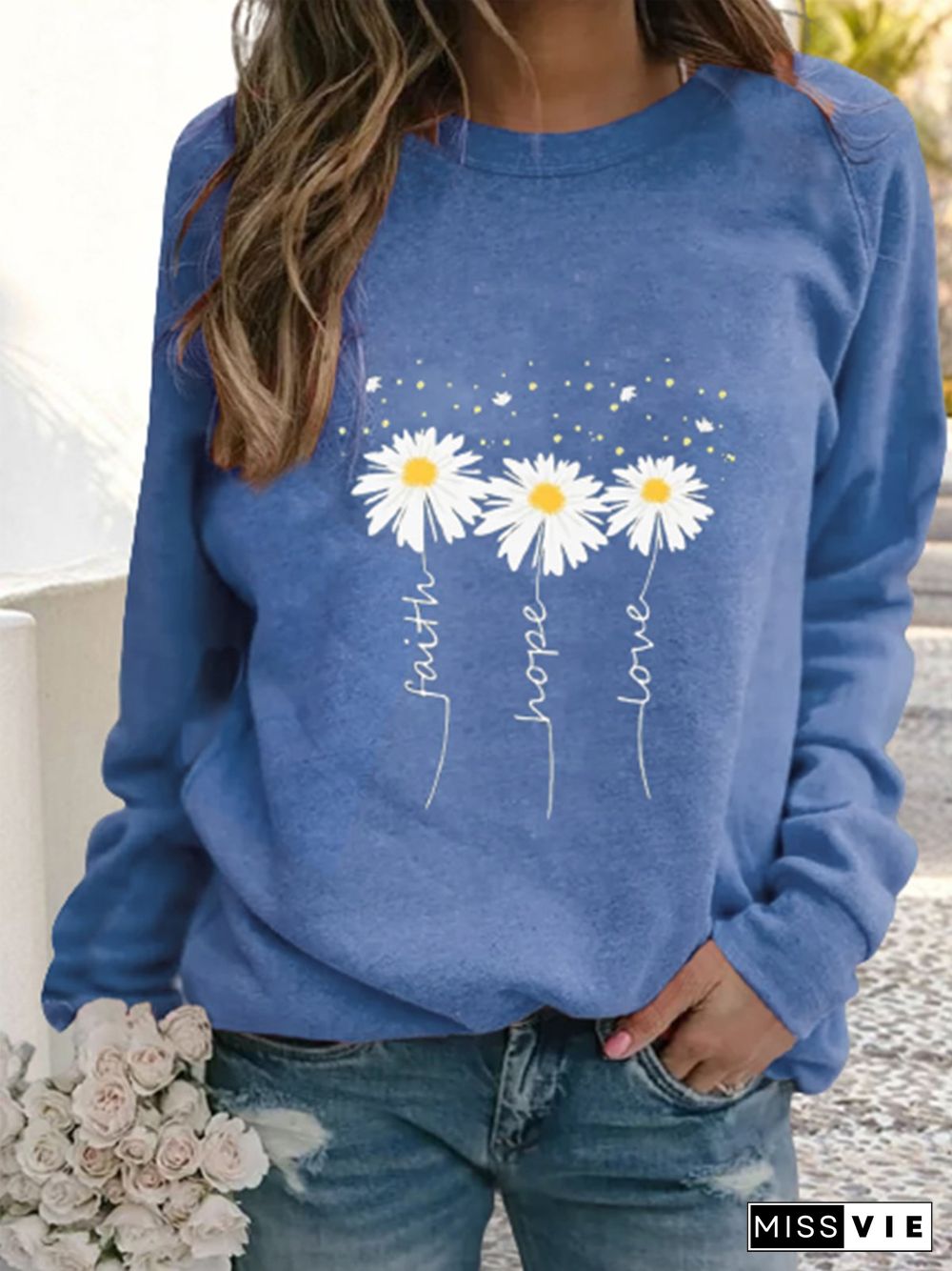 Women Casual Floral Autumn Micro-Elasticity Loose Jersey Standard Crew Neck Regular Sweatshirts