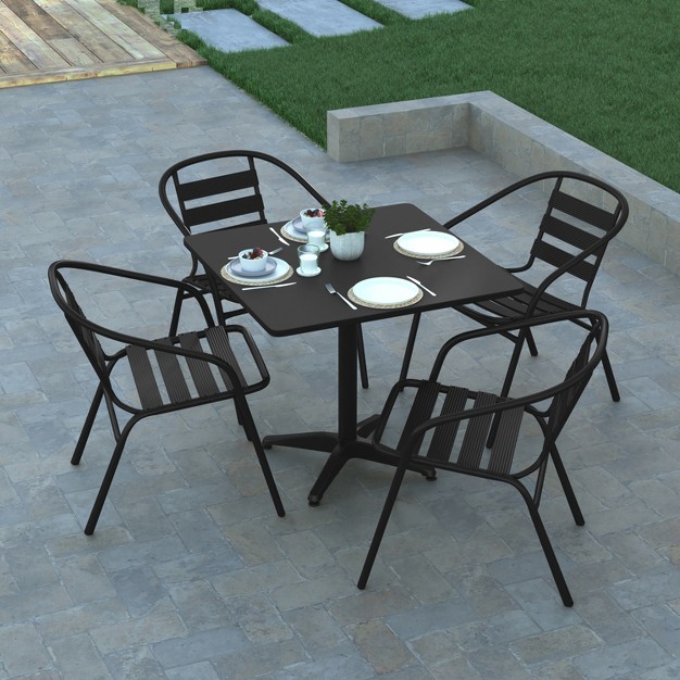 Emma And Oliver 31 5 x27 x27 Square Aluminum Indoor outdoor Table Set With 4 Slat Back Chairs