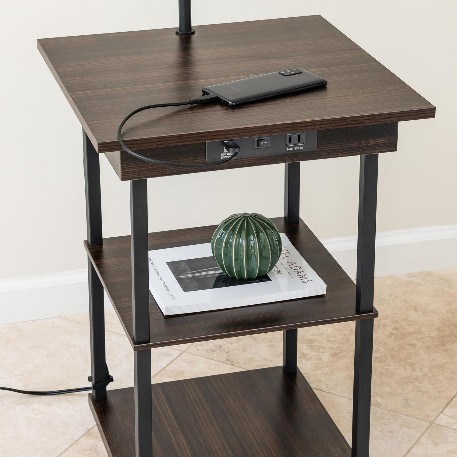 DPI DecorTech Square End Table with Lamp， AC Power and USB Charging Ports， Walnut