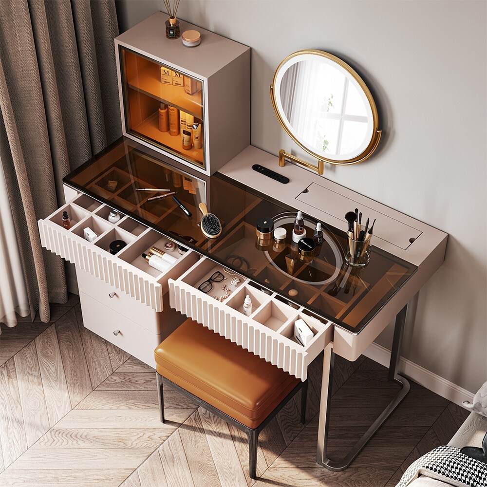 Modern Wood Makeup Vanity Table with LED Lighted Mirror  Dressing Table with PU Leather Stool  5 Drawers