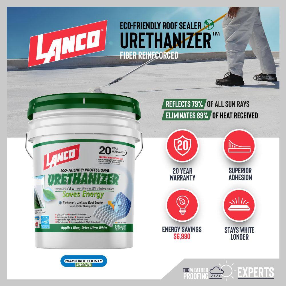 Lanco Urethanizer 5 Gal. 100% Acrylic Urethane Elastomeric White Reflective Roof Sealer RC994-2