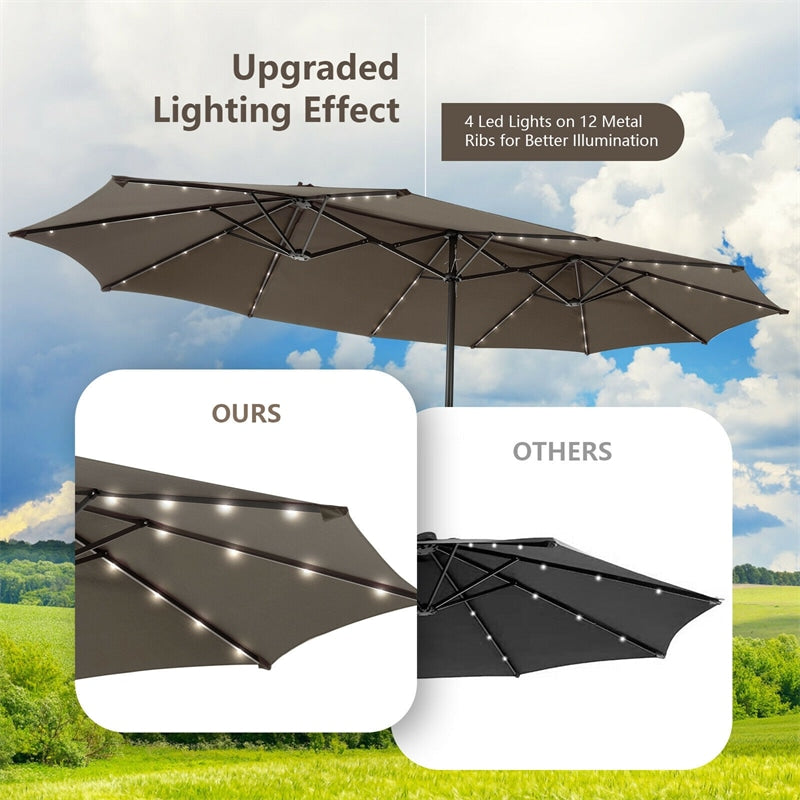 15 FT Large Outdoor Patio Table Umbrella with 48 Solar LED Lights & Crank, Double-Sided Metal Deck Pool Umbrella