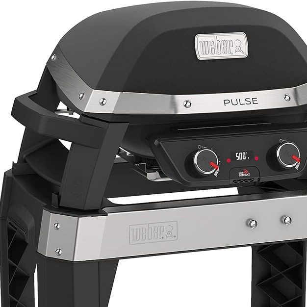 Weber Pulse 200 Electric Grill Rolling Cart With Foldable Cook Or Serve Prep Side Table 3 Built in Utensil Hooks And Handle Black