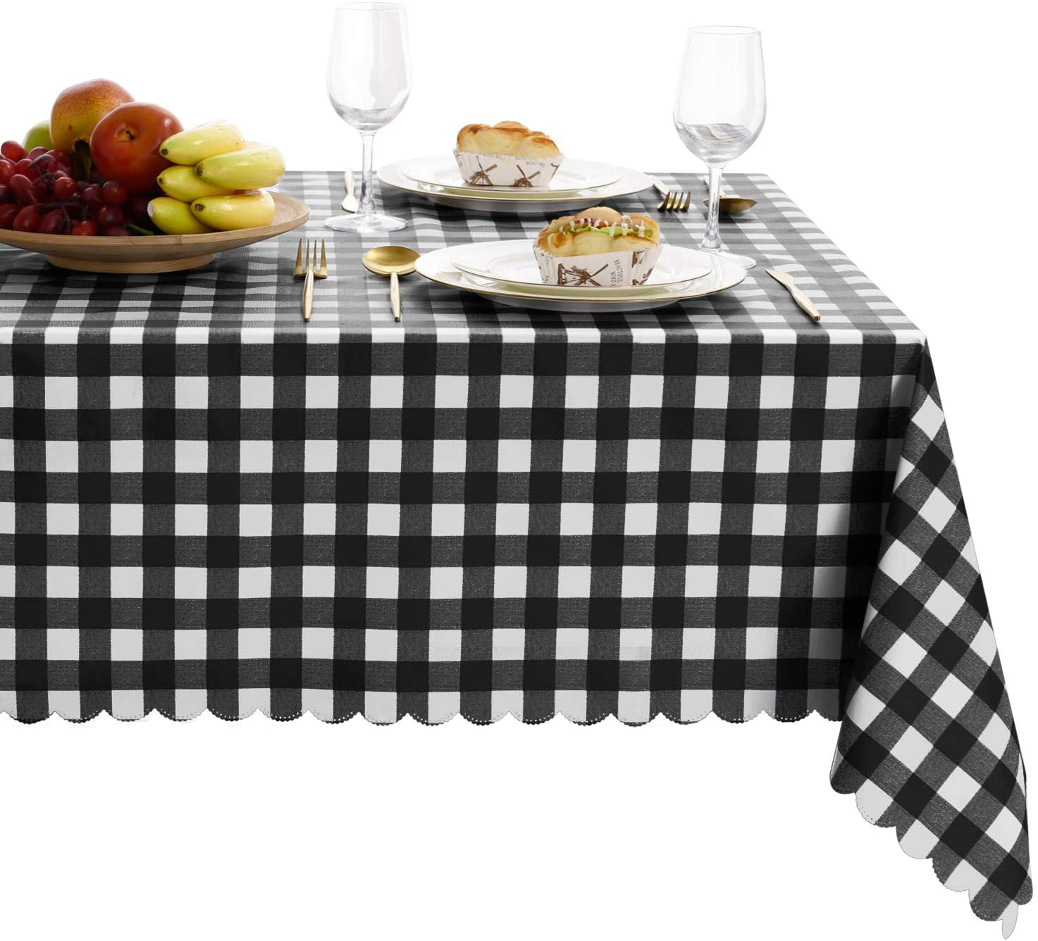 Hiasan Checkered Vinyl Tablecloth Rectangle - 54 x 80 Inch - 100% Waterproof & Stain Resistant Wipeable Plaid PVC Table Cover for Outdoor Picnic/Kitchen Dining/Farmhouse, Black and White