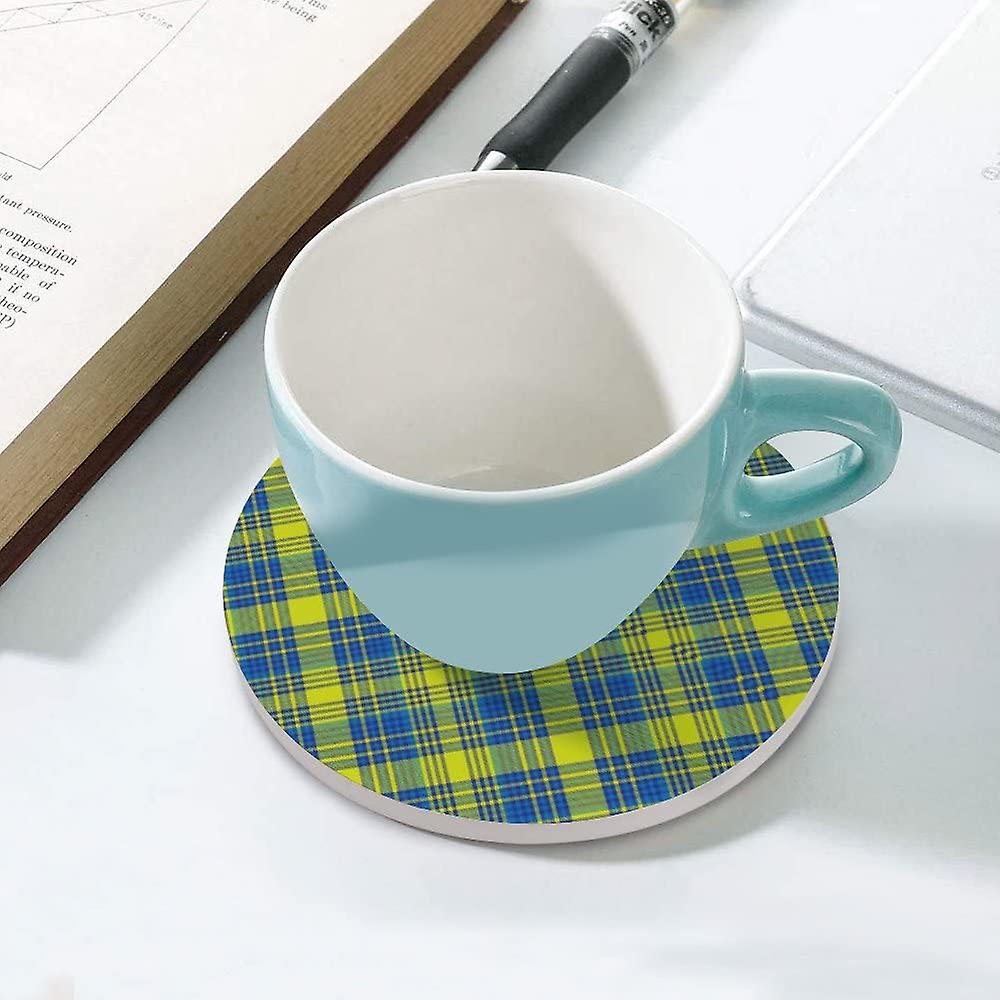 6pcs Round Yellow Argyle Plaid Tartan Texture Ceramic Coasters With Cork-backed For Coffee Drink Cup Mat Absorbent Stone Coasters