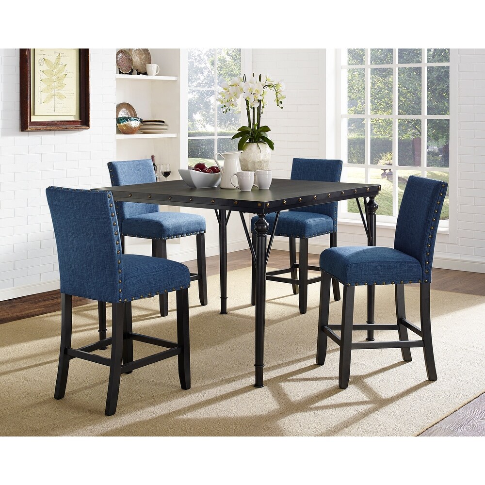 Roundhill Furniture Biony 5 Piece Espresso Wood Counter Height Dining Set with Fabric Nail head Chairs