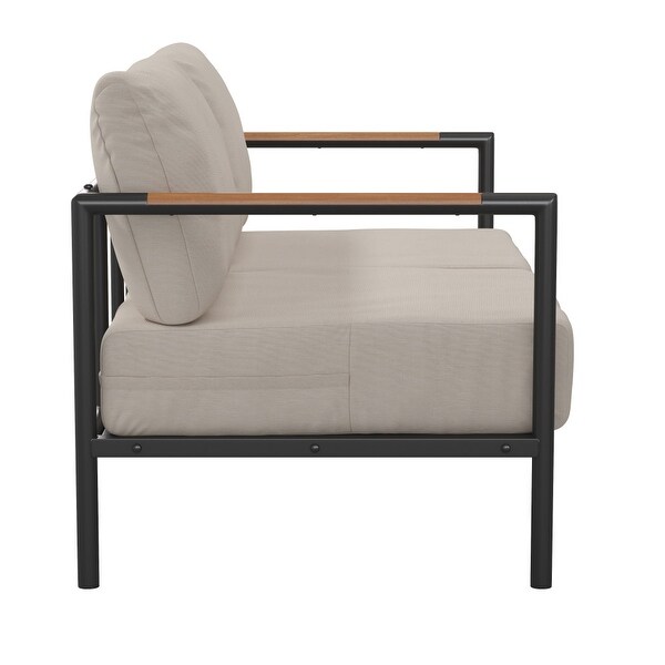 Metal Frame Loveseat with Teak Arm Accents and Plush Cushions