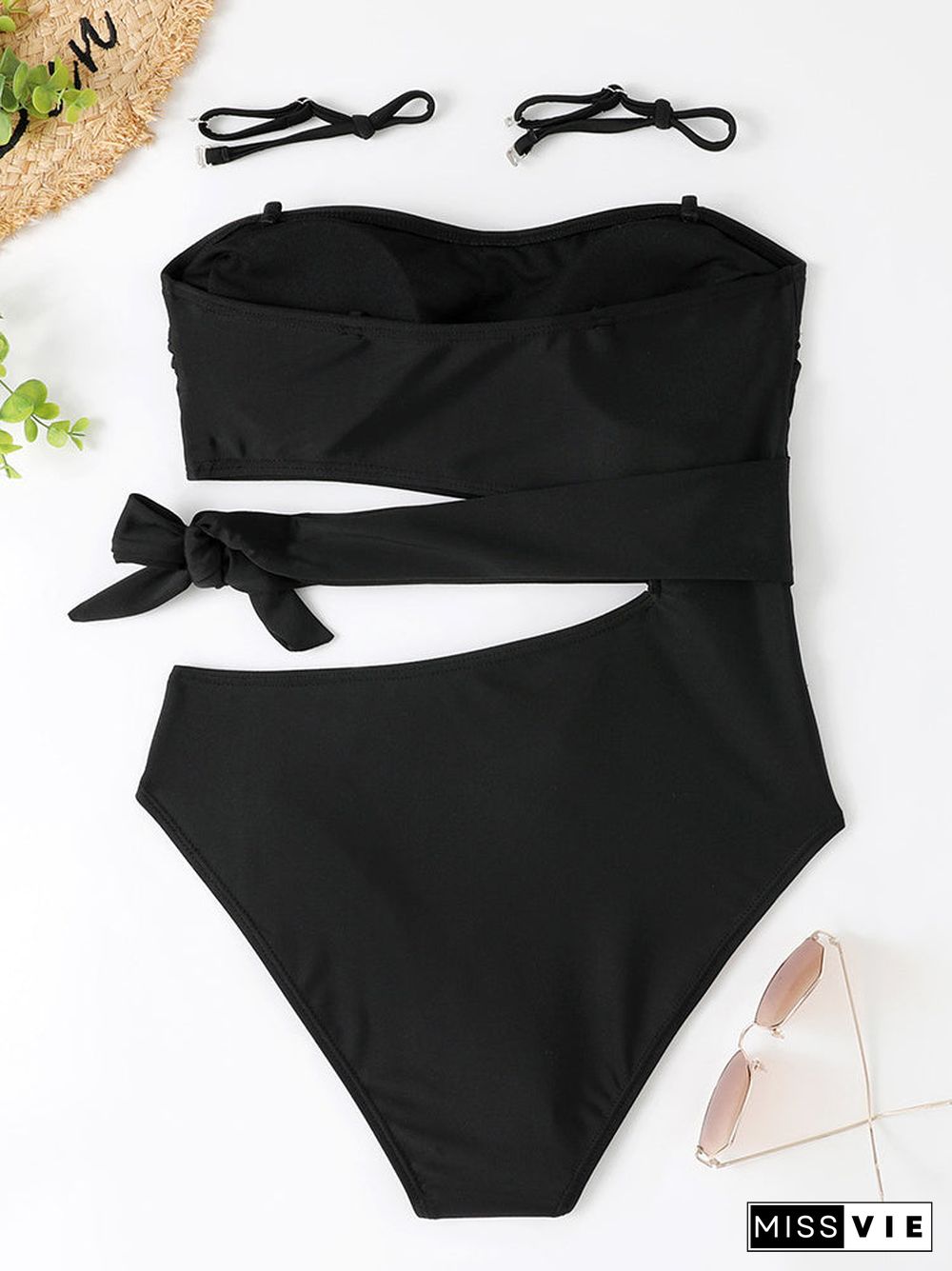 Solid Lace-up One Piece Swimwear