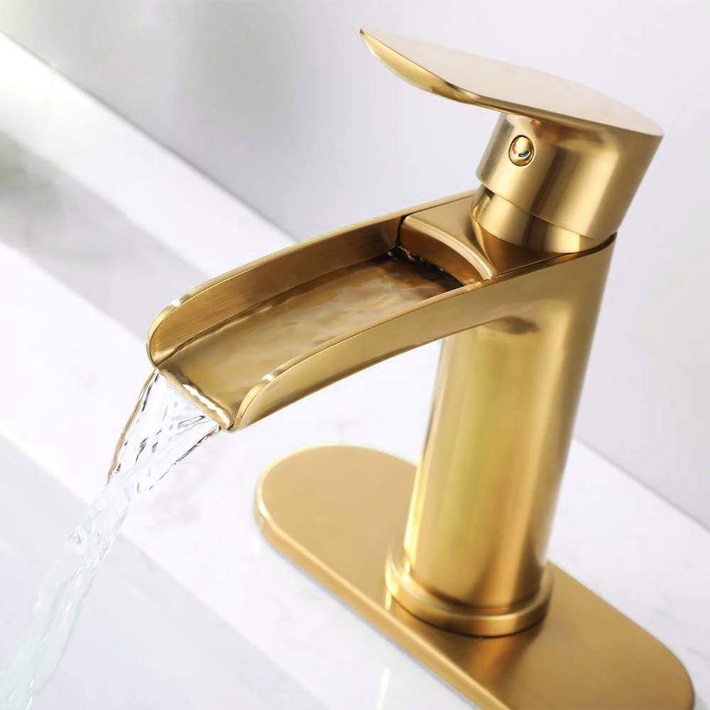 Miscool Single-Handle Single-Hole Bathroom Sink Faucet with Pop-up Drain Assembly Waterfall in Brushed Gold FAMSH10C1970BGL