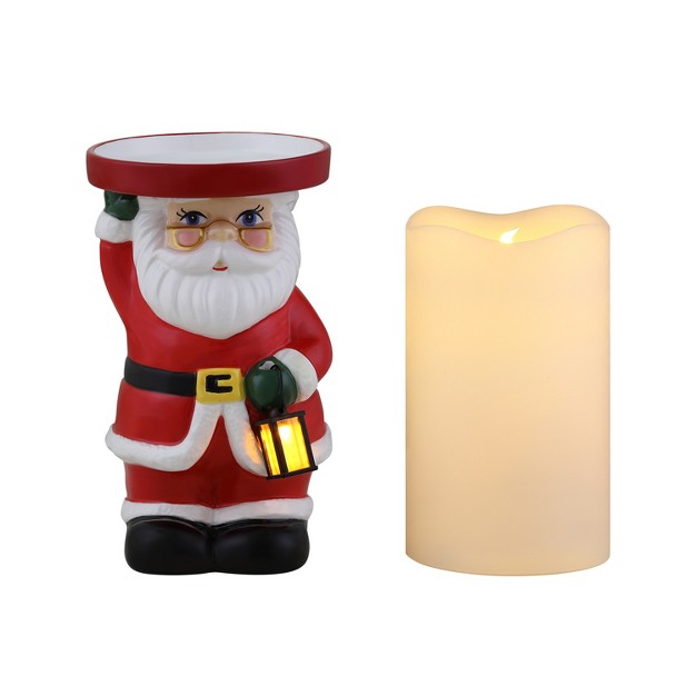 Ceramic Lit Santa Candle Holder And Flameless Candle