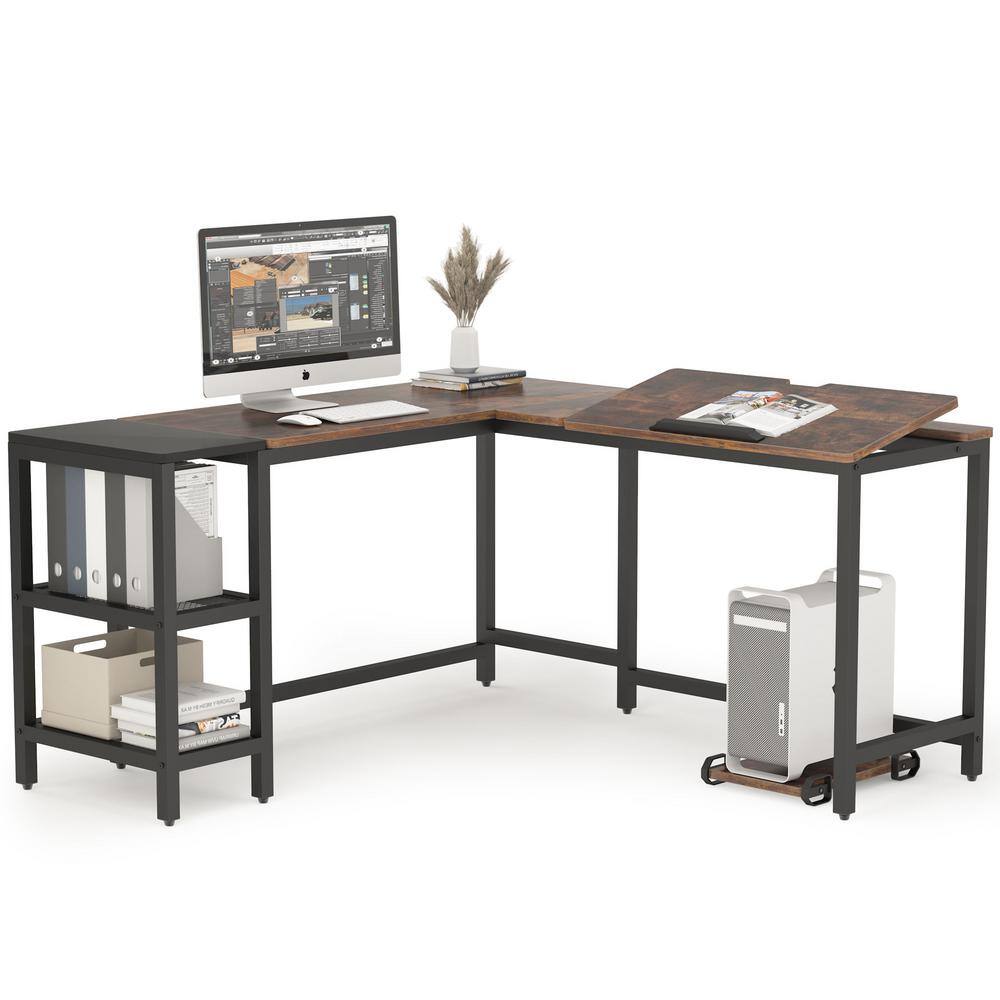 TRIBESIGNS WAY TO ORIGIN Halseey 59.05 in. L-Shape Black Metal Brown Particle Board Wood Top Corner Computer Desk with Storage Shelf HD-JW0222-WZZ