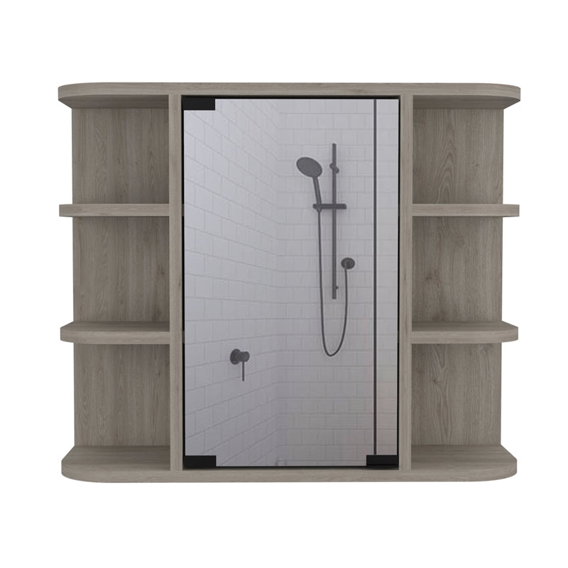 TUHOME Milan Medicine Cabinet, Six External Shelves Mirror, Three Internal Shelves, Light Grey, For Bathroom