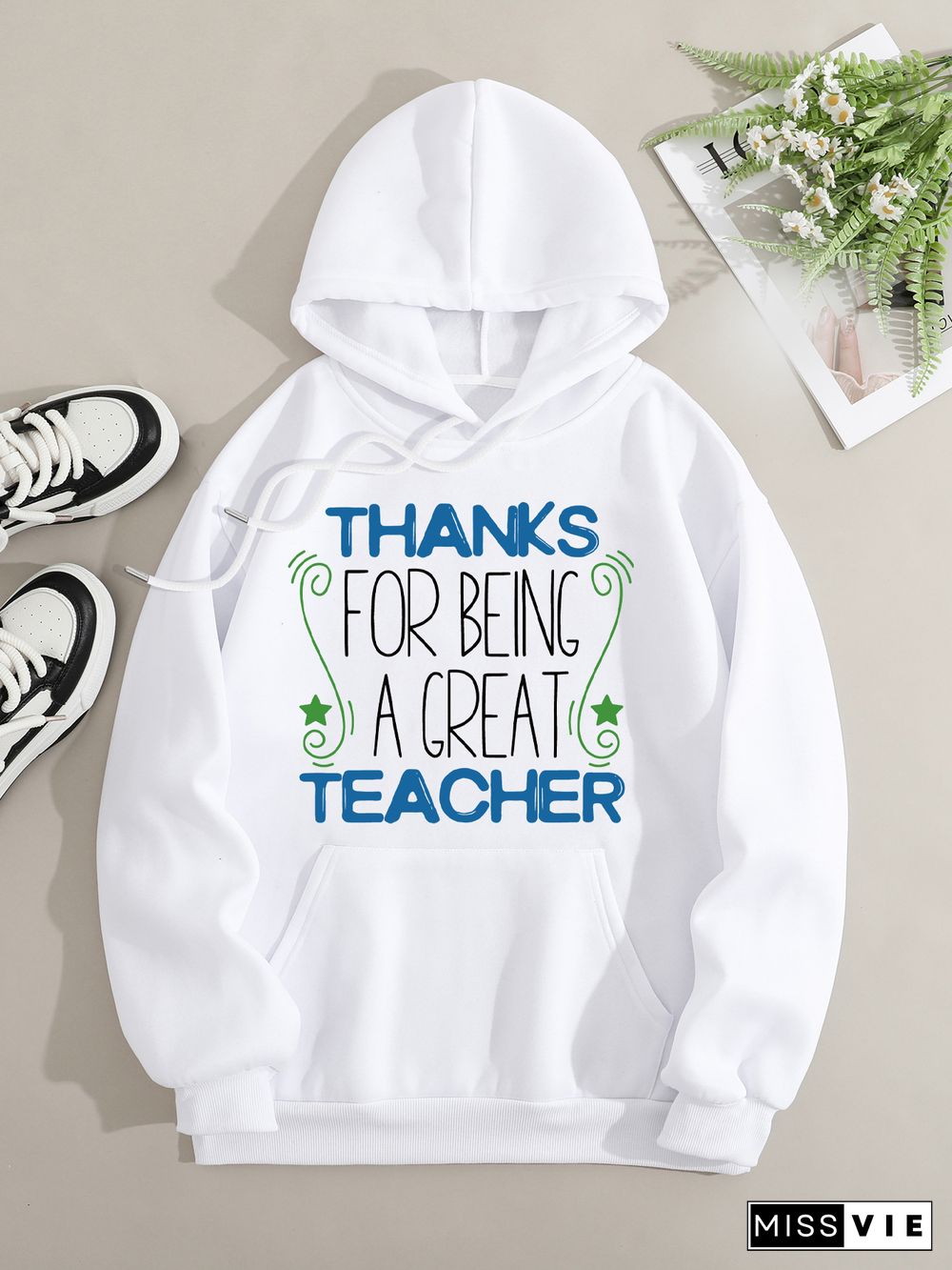 Printed on front Kangaroo Pocket Hoodie Long Sleeve for Women Pattern Thank you teacher