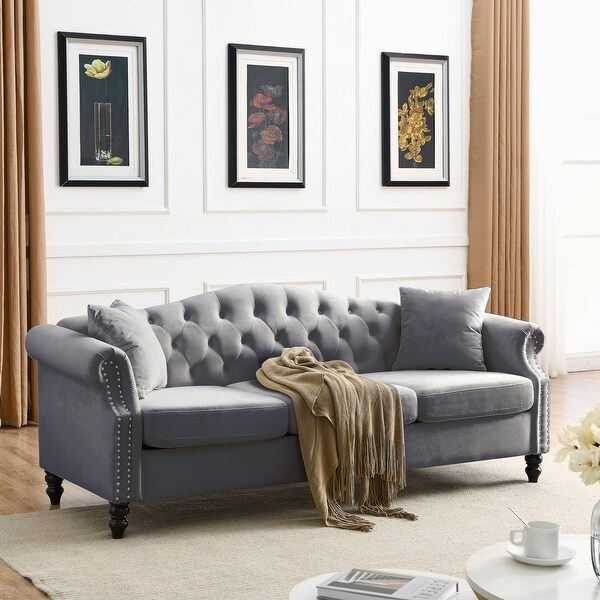 3 Seater Sofa Tufted Couch with Rolled Arms and Nailhead