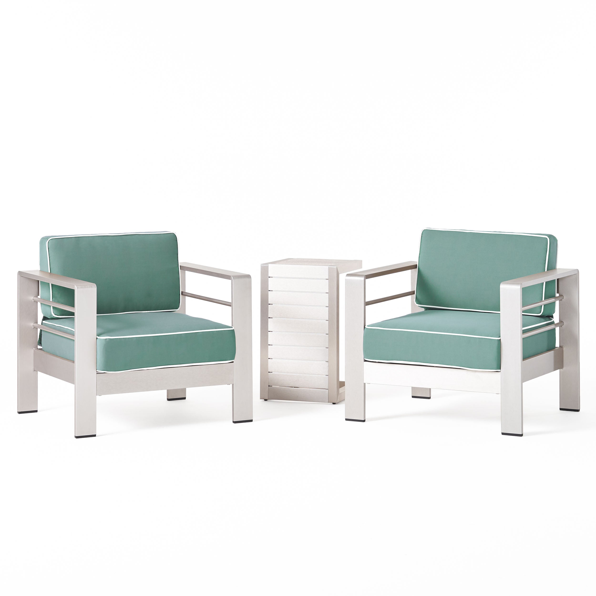 Edward Coral Outdoor Aluminum Club Chairs and Side Table Set with Cushions